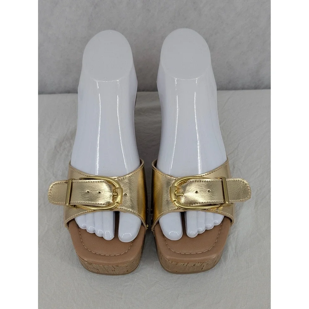 Time and Tru Gold Metallic Wedge Sandals 6 Cork Platform Studded Buckle Glam